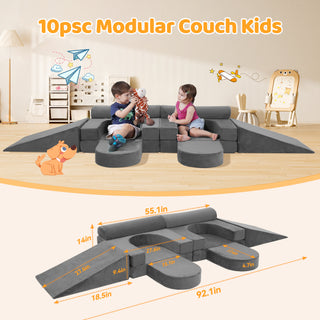 Modular Kids Play Couch 10PCS, 10 in 1 Multifunctional Kids Sofa for Playing Playroom Bedroom, Creativing, Sleeping, Indoor Toddler Couch for Boys and Girls,Gray