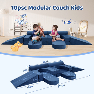 Modular Kids Play Couch 10PCS, 10 in 1 Multifunctional Kids Sofa for Playing Playroom Bedroom, Creativing, Sleeping, Indoor Toddler Couch for Boys and Girls, Blue