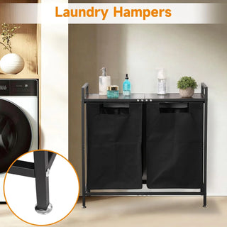 Laundry Hamper with Wooden Tabletop and 2 Pull-Out Clothes Baskets, Waterproof Oxford Cloth Material Laundry Basket 3 X 12 Gallon/46 Liter