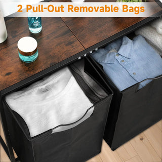 Laundry Hamper with Wooden Tabletop and 2 Pull-Out Clothes Baskets, Waterproof Oxford Cloth Material Laundry Basket 3 X 12 Gallon/46 Liter