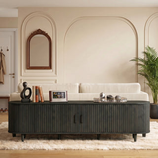 Easoger 70" Sliding Door TV Stand with Charging Station, Fluted Vertical Grille Wood Entertainment Center, Curved Oval Shape Storage Cabinet,Black