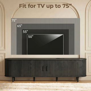 Easoger 70" Sliding Door TV Stand with Charging Station, Fluted Vertical Grille Wood Entertainment Center, Curved Oval Shape Storage Cabinet,Black