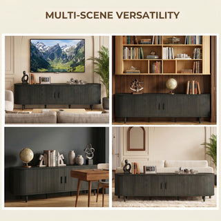Easoger 70" Sliding Door TV Stand with Charging Station, Fluted Vertical Grille Wood Entertainment Center, Curved Oval Shape Storage Cabinet,Black