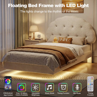 Evmore Floating Twin Bed Frame ， Teddy Fleece Upholstered Bed with Adjustable Headboard, Modern Wall-Hugger Design with Plush Fabric Finish-T