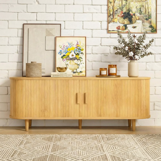 Easoger 65" Sliding Door TV Stand with Charging Station, Fluted Vertical Grille Wood Entertainment Center, Curved Oval Shape Storage Cabinet, Oak