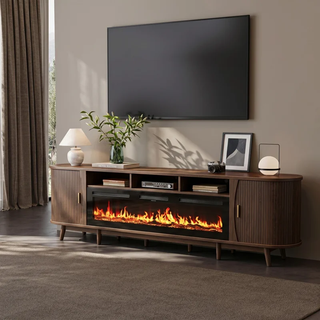 Easoger 97" Mid-Century Modern Fireplace TV Stand with 60" Electric Fireplace, 12 Color Flames & Dual Heat Settings, Large Entertainment Center for TV, Storage Cabinets & Shelves