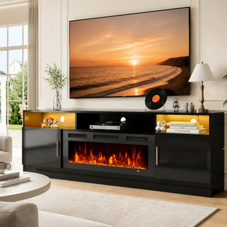 Easoger 80" Fireplace TV Stand, Gaming Media Console with 12 Color LED Backlights & 3 Outlets, Storage Shelves & Cabinets, Black