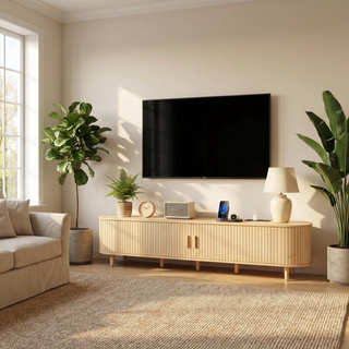 Easoger 80" Curved Oval Sliding Door TV Stand with Built-in Charging Station, Fits Up to 85 Inch TV, Oak Wood Grain Media Console for Living Room Bedroom