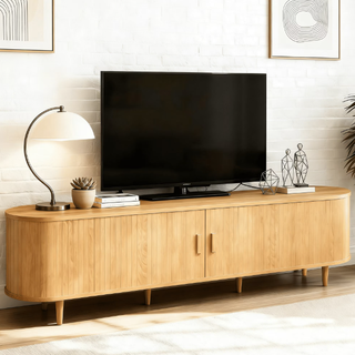 Easoger 70" Sliding Door TV Stand with Charging Station, Fluted Vertical Grille Wood Entertainment Center, Curved Oval Shape Storage Cabinet, Oak