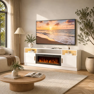Easoger 80" Fireplace TV Stand, Gaming Media Console with 12 Color LED Backlights & 3 Outlets, Storage Shelves & Cabinets, White