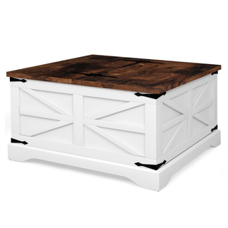 Easoger Farmhouse Coffee Table, Square Wood Center Table with Large Storage Space, Metal Corners for Living Room, White
