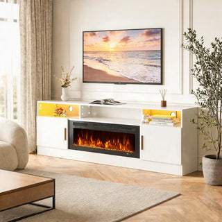 Easoger 80" Fireplace TV Stand, Gaming Media Console with 12 Color LED Backlights & 3 Outlets, Storage Shelves & Cabinets, White