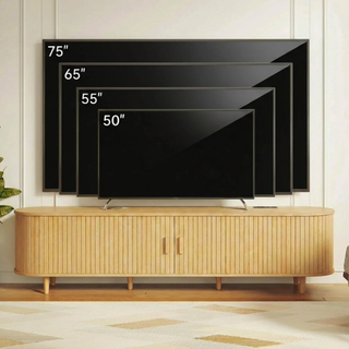 Easoger 70" Sliding Door TV Stand with Charging Station, Fluted Vertical Grille Wood Entertainment Center, Curved Oval Shape Storage Cabinet, Oak