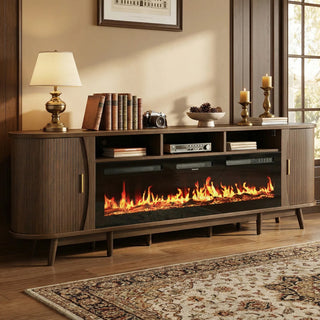 Easoger 97" Mid-Century Modern Fireplace TV Stand with 60" Electric Fireplace, 12 Color Flames & Dual Heat Settings, Large Entertainment Center for TV, Storage Cabinets & Shelves
