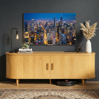 Easoger 65" Sliding Door TV Stand with Charging Station, Fluted Vertical Grille Wood Entertainment Center, Curved Oval Shape Storage Cabinet, Oak