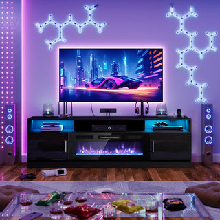 Easoger 80" Fireplace TV Stand, Gaming Media Console with 12 Color LED Backlights & 3 Outlets, Storage Shelves & Cabinets, Black