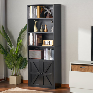 Easoger 6 Shelf Bookcase with Doors 71in Tall Bookshelf, Wooden Bookshelves with Cabinet Doors for Home Office, Black