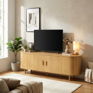 Easoger 65" Sliding Door TV Stand with Charging Station, Fluted Vertical Grille Wood Entertainment Center, Curved Oval Shape Storage Cabinet, Oak