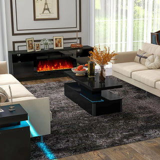 Easoger 4-Piece Table Set Includes Modern Coffee Table, Spacious 36" Fireplace TV Stand and 2 LED Light Endtables, Simple Black Table for Living Room, Bedroom, Black