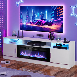 Easoger 80" Fireplace TV Stand, Gaming Media Console with 12 Color LED Backlights & 3 Outlets, Storage Shelves & Cabinets, White