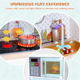 Play Kitchen for Kids, Pretend Wooden Play Kitchen with Stove, Oven, Sink, Ice Maker,Coffee Machine and Accessories, Chef Pretend Play Set with Real Lights & Sounds, Gift for Boys &Girls