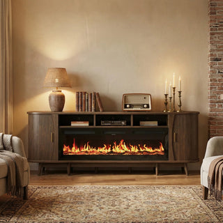 Easoger 97" Mid-Century Modern Fireplace TV Stand with 60" Electric Fireplace, 12 Color Flames & Dual Heat Settings, Large Entertainment Center for TV, Storage Cabinets & Shelves