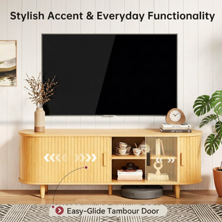 Easoger 65" Sliding Door TV Stand with Charging Station, Fluted Vertical Grille Wood Entertainment Center, Curved Oval Shape Storage Cabinet, Oak