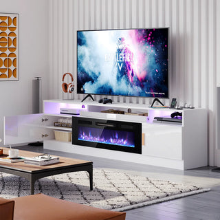 Easoger 80" Fireplace TV Stand, Gaming Media Console with 12 Color LED Backlights & 3 Outlets, Storage Shelves & Cabinets, White