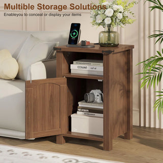 Evmore 2 Piece Farmhouse Nightstand with Charging Station，Storage Shelves Bedside Tables for Bedroom Modern Wood Side Table Living Room