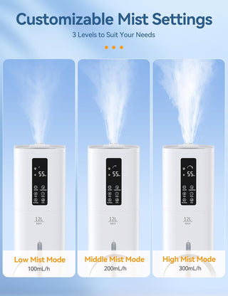 12L Humidifiers Last 120 Hours, Cover up to 1000ft², Top Fill Ultrasonic Cool Mist Humidifier, 3 Mist Level, 24H Timer, Essential Oil Diffuser Humidifiers For Bedroom, Home