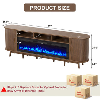 Easoger 97" Mid-Century Modern Fireplace TV Stand with 60" Electric Fireplace, 12 Color Flames & Dual Heat Settings, Large Entertainment Center for TV, Storage Cabinets & Shelves