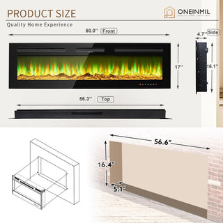 60’’ x 17’’ Wall Mounted Electric Indoor Fireplace