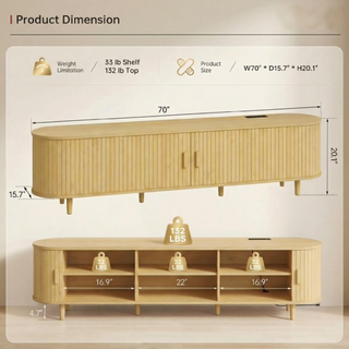 Easoger 70" Sliding Door TV Stand with Charging Station, Fluted Vertical Grille Wood Entertainment Center, Curved Oval Shape Storage Cabinet, Oak