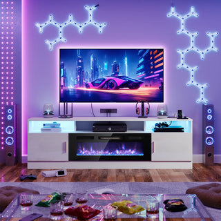 Easoger 80" Fireplace TV Stand, Gaming Media Console with 12 Color LED Backlights & 3 Outlets, Storage Shelves & Cabinets, White
