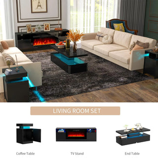 Easoger 4-Piece Table Set Includes Modern Coffee Table, Spacious 36" Fireplace TV Stand and 2 LED Light Endtables, Simple Black Table for Living Room, Bedroom, Black