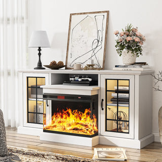 Easoger 59'' Fireplace TV Stand for TVs up to 65", 12 Flame Colors&12 LED Light Colors, TV Console with 3-Sided Glass Fireplace, for Living Room, White