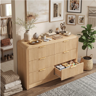Easoger 47.2" 6-Drawer TV Stand & Dresser, Mid-Century Modern Storage Cabinet with Textured Oak Drawers, Multi-Functional Chest for Bedroom Living Room, Oak
