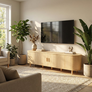 Easoger 80" Curved Oval Sliding Door TV Stand with Built-in Charging Station, Fits Up to 85 Inch TV, Oak Wood Grain Media Console for Living Room Bedroom