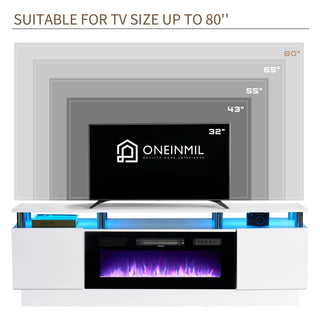 Easoger Fireplace TV Stand, Entertainment Center for TVs up to 80", 70” TV Stand with 36'' Electric Fireplace, LED Lights Entertainment Center, TV Console, White