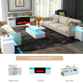 Easoger 4-Piece Table Set Includes Modern Coffee Table, Spacious 36" Fireplace TV Stand and 2 LED Light Endtables, Simple White Table for Living Room, Bedroom, White