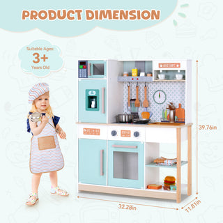 Play Kitchen for Kids, Pretend Wooden Play Kitchen with Stove, Oven, Sink, Ice Maker,Coffee Machine and Accessories, Chef Pretend Play Set with Real Lights & Sounds, Gift for Boys &Girls