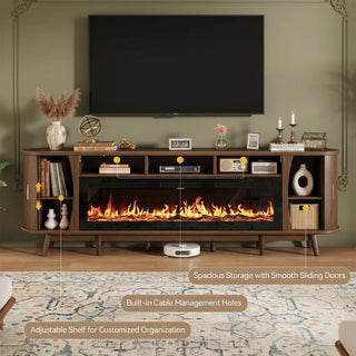 Easoger 97" Mid-Century Modern Fireplace TV Stand with 60" Electric Fireplace, 12 Color Flames & Dual Heat Settings, Large Entertainment Center for TV, Storage Cabinets & Shelves