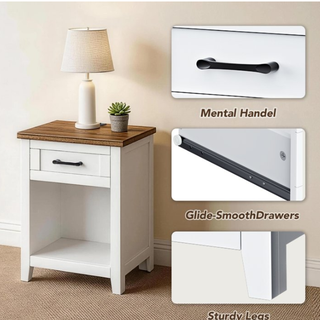 Easoger Farmhouse Nightstand with Charging Station & Large Storage, End Tables with Outlets & USB Ports for Bedroom, White + Walnut