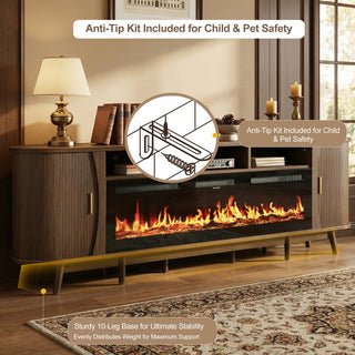 Easoger 97" Mid-Century Modern Fireplace TV Stand with 60" Electric Fireplace, 12 Color Flames & Dual Heat Settings, Large Entertainment Center for TV, Storage Cabinets & Shelves