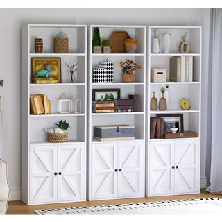 Easoger 6 Tier Bookcase Set of 2, Bookshelves with Barn Cabinet Doors, Floor Bookshelves for Home Office, Living Room, White