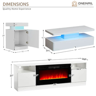 Easoger 4-Piece Table Set Includes Modern Coffee Table, Spacious 36" Fireplace TV Stand and 2 LED Light Endtables, Simple White Table for Living Room, Bedroom, White