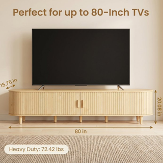Easoger 80" Curved Oval Sliding Door TV Stand with Built-in Charging Station, Fits Up to 85 Inch TV, Oak Wood Grain Media Console for Living Room Bedroom