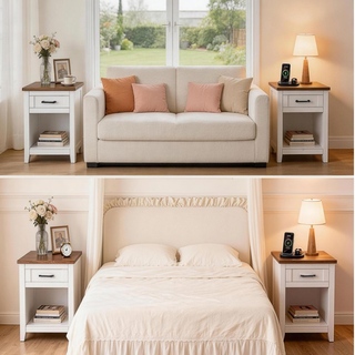 Easoger Farmhouse Nightstand with Charging Station & Large Storage, End Tables with Outlets & USB Ports for Bedroom, White + Walnut