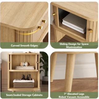 Easoger Set of 2 Fluted Oak Nightstands with Charging Station, Mid-Century Modern Bedside Tables with Sliding Tambour Doors, Storage Cabinet & Open Shelf for Bedroom