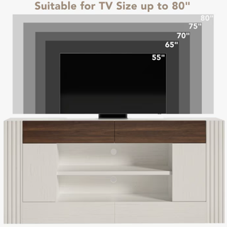 Easoger 70" Farmhouse TV Stand, Entertainment Center for TVs up to 80", with Large Cabinets & Open Shelves, White